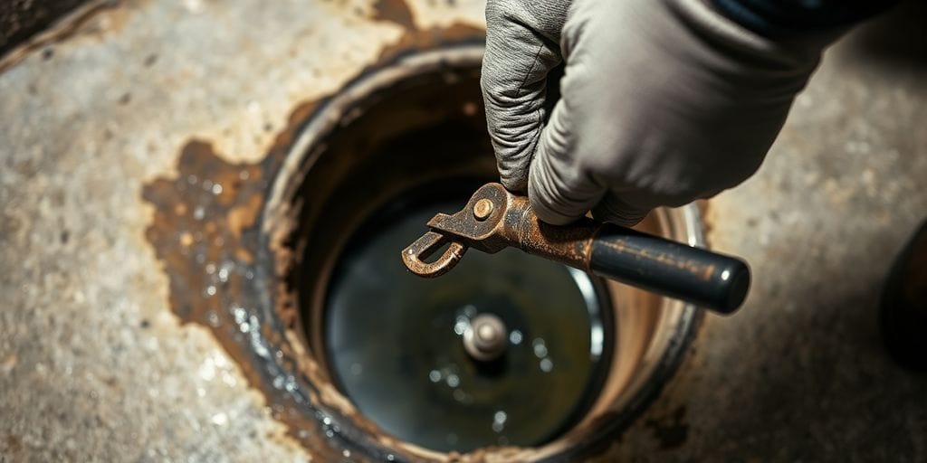Técnico especializado realizando desentupimento de esgoto em residência de São Paulo, utilizando equipamentos profissionais para resolver o problema com eficiência e rapidez.